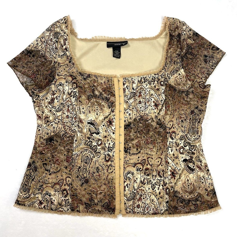Vintage Y2K Venezia Women's Tan Paisley Mesh Hook & Eye Corset Blouse Sz 14/16